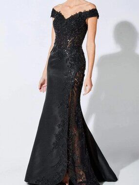 NWT Ivonne D by Mon Cheri 221D51 Off Shoulder Dress Overskirt Black Size 12